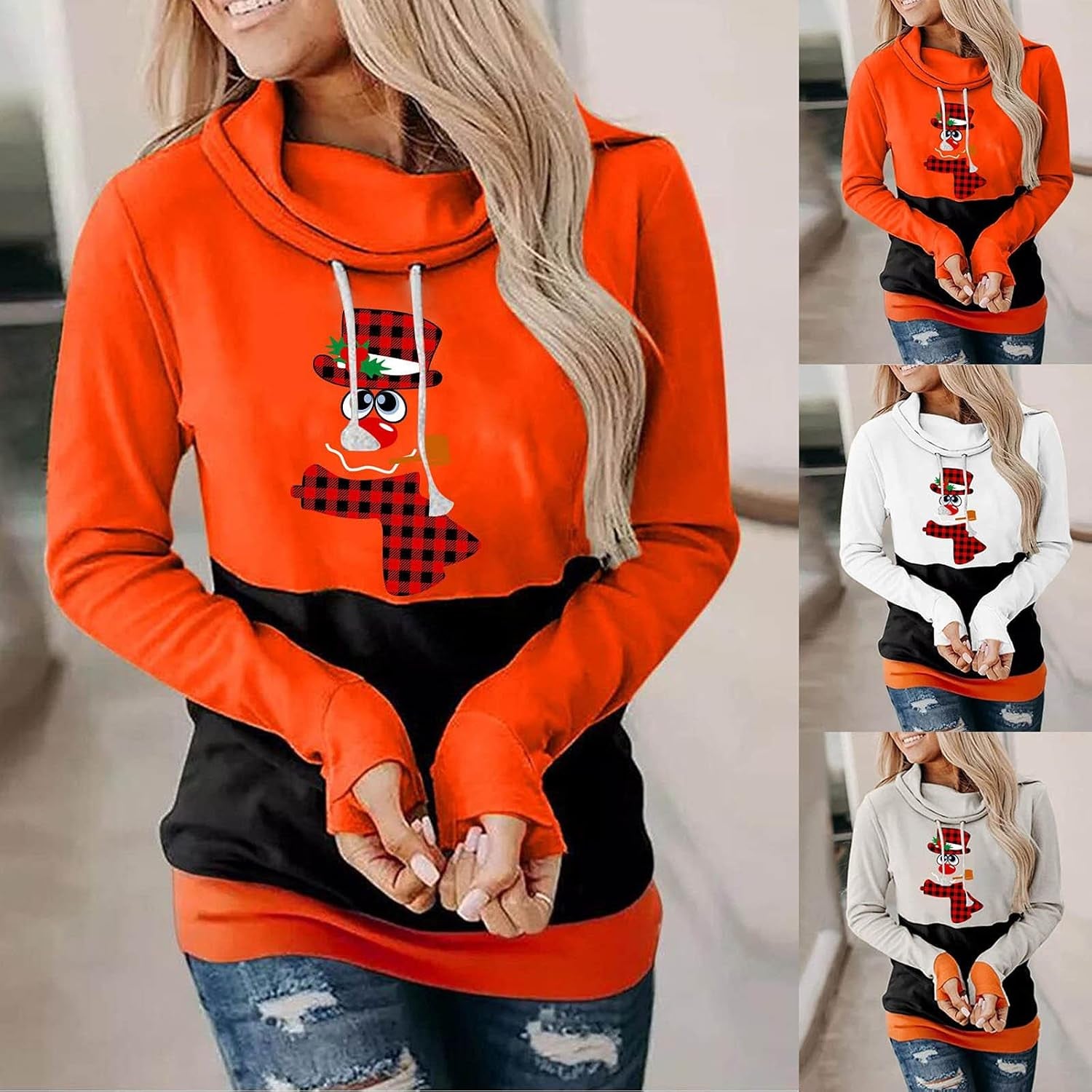 Christmas Hoodies for Womens Fall Fashion Winter Casual Cute Snowman Print Hooded Drawstring Tops Pullover Sweatshirt
