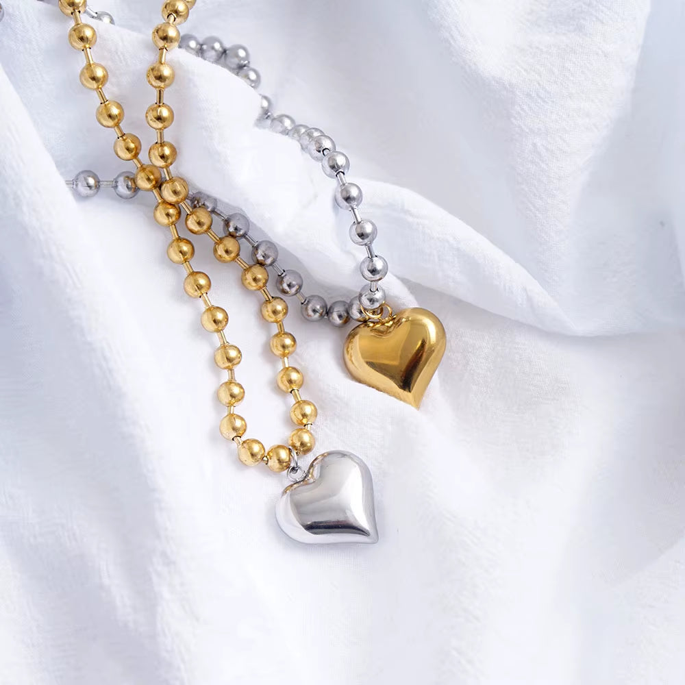 Stainless Steel Heart Necklaces for Women 6Mm Gold/Silver Color Metal Ball Bead Chain Choker Collier Femme Valentine&
