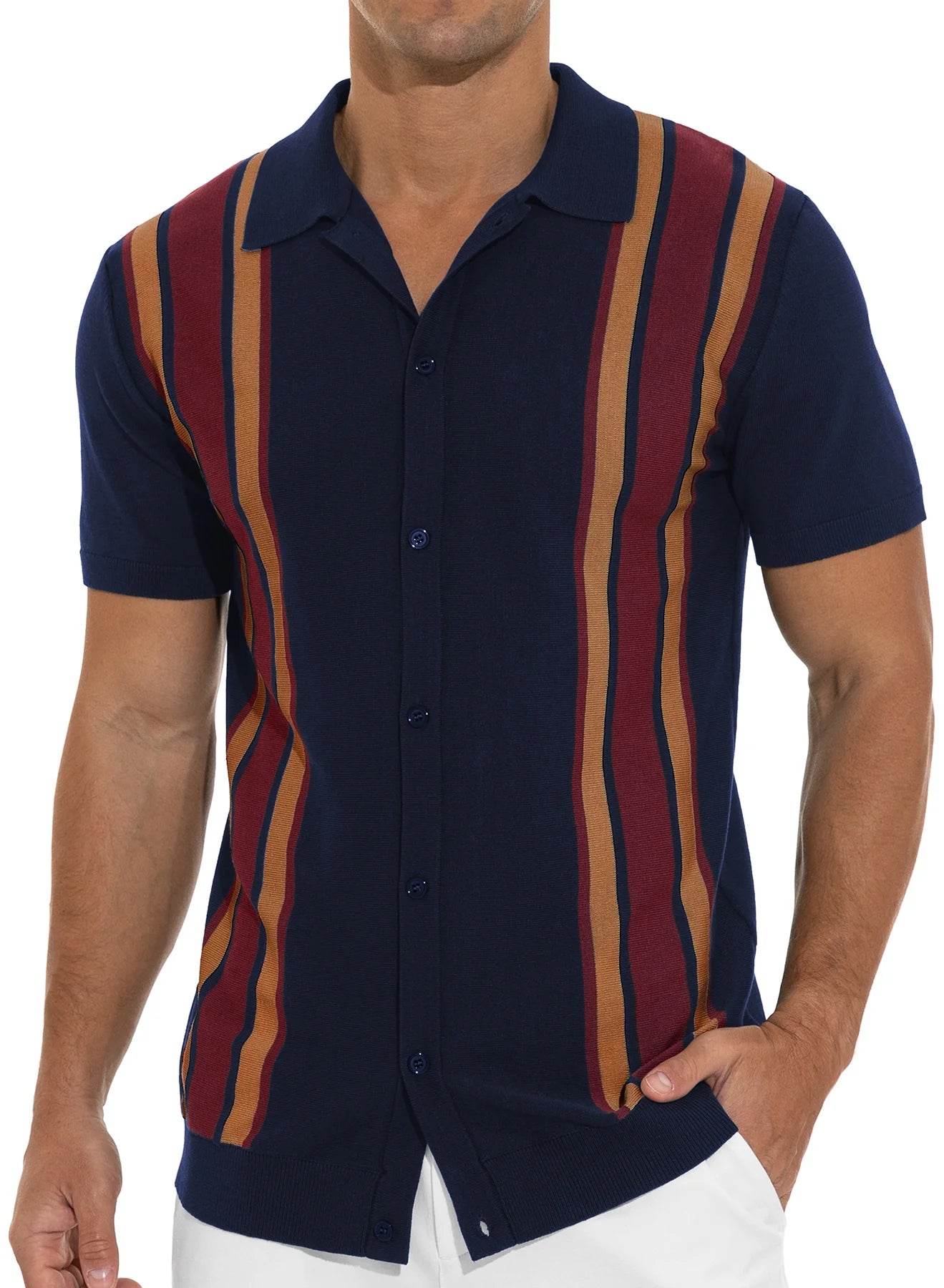 Mens Polo Shirts Vintage Striped Knitting Short Sleeves Button down Golf Shirts