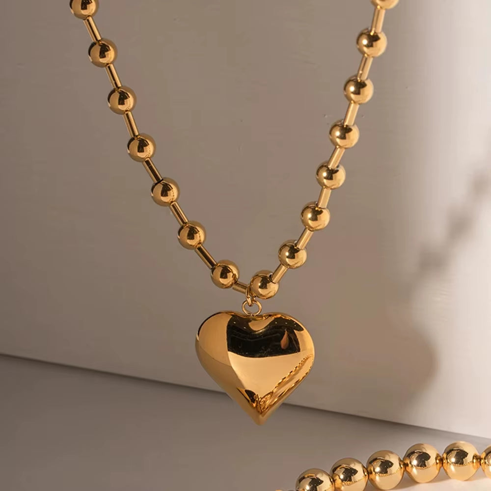 Stainless Steel Heart Necklaces for Women 6Mm Gold/Silver Color Metal Ball Bead Chain Choker Collier Femme Valentine&