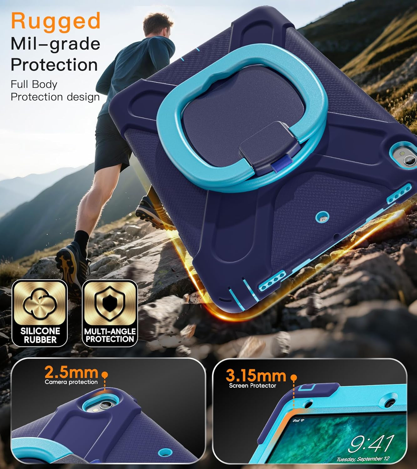 Ipad Pro 10.5 Case 2017 Released/Ipad Air 3Rd Generation Case 2019 Release; Rugged Heavy Duty Protective Cover with Pencil Holder, 360° Swivel Stand, Shoulder Strap; for Kids (Navy Blue+Blue)