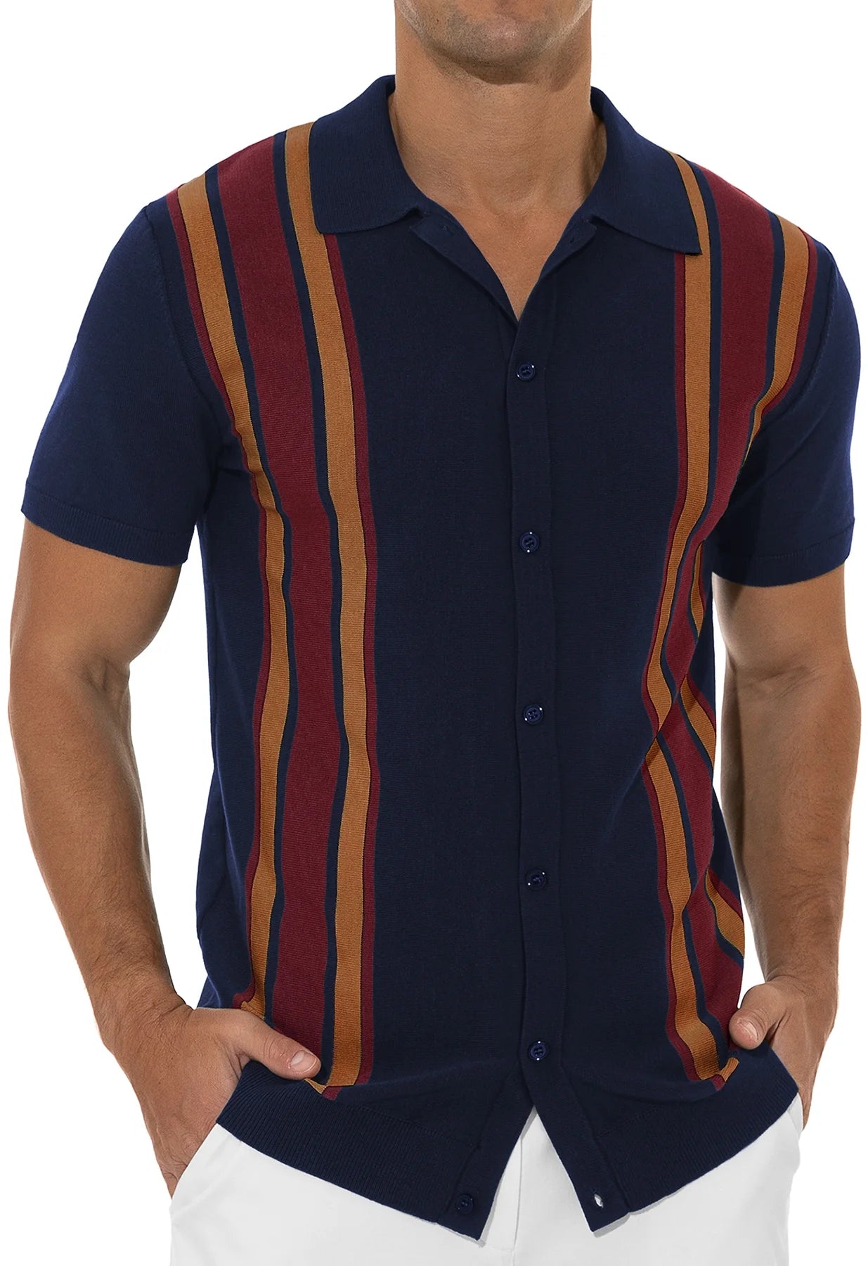Mens Polo Shirts Vintage Striped Knitting Short Sleeves Button down Golf Shirts