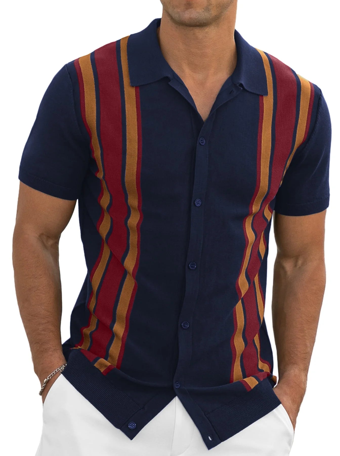 Mens Polo Shirts Vintage Striped Knitting Short Sleeves Button down Golf Shirts