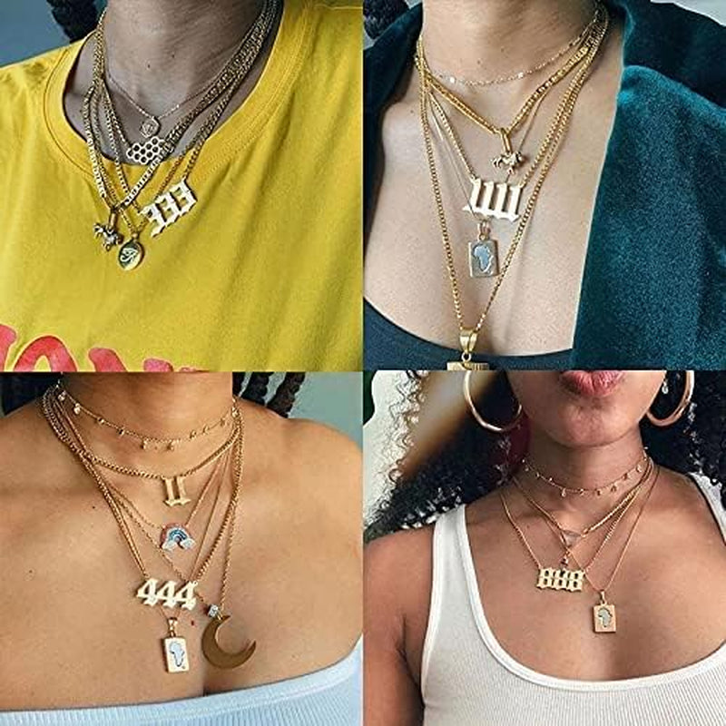 Angel Number Necklace for Women Number Necklace 000 111 222 333 444 555 666 777 888 999 Pendant Necklace Stainless Steel Numerology Gold Necklace,444