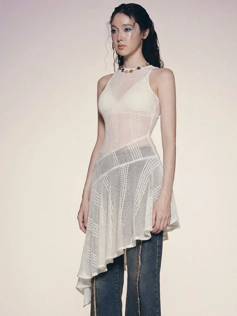 Solid Slim Dress for Women One-Piece See-Through White Dress Sexy Fashion Women Clothing O-Neck Sleeveless Y2K Ropa De Mujer