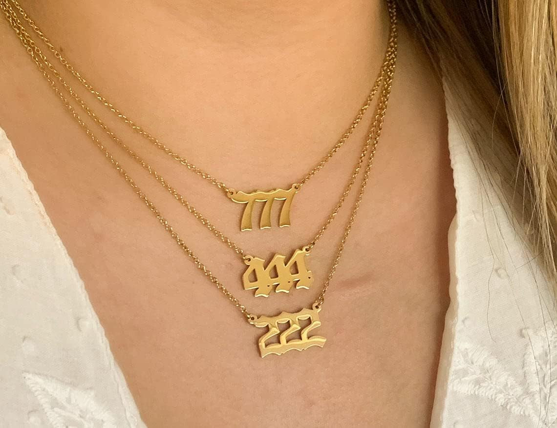 Angel Number Necklace for Women Number Necklace 000 111 222 333 444 555 666 777 888 999 Pendant Necklace Stainless Steel Numerology Gold Necklace,444
