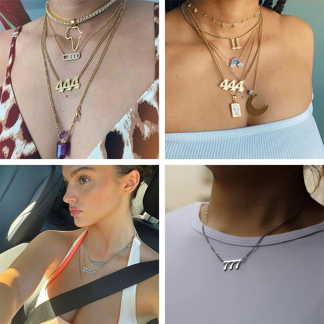 Angel Number Necklace for Women Number Necklace 000 111 222 333 444 555 666 777 888 999 Pendant Necklace Stainless Steel Numerology Gold Necklace,444