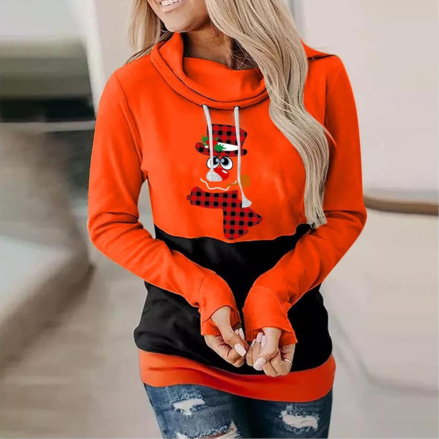 Christmas Hoodies for Womens Fall Fashion Winter Casual Cute Snowman Print Hooded Drawstring Tops Pullover Sweatshirt
