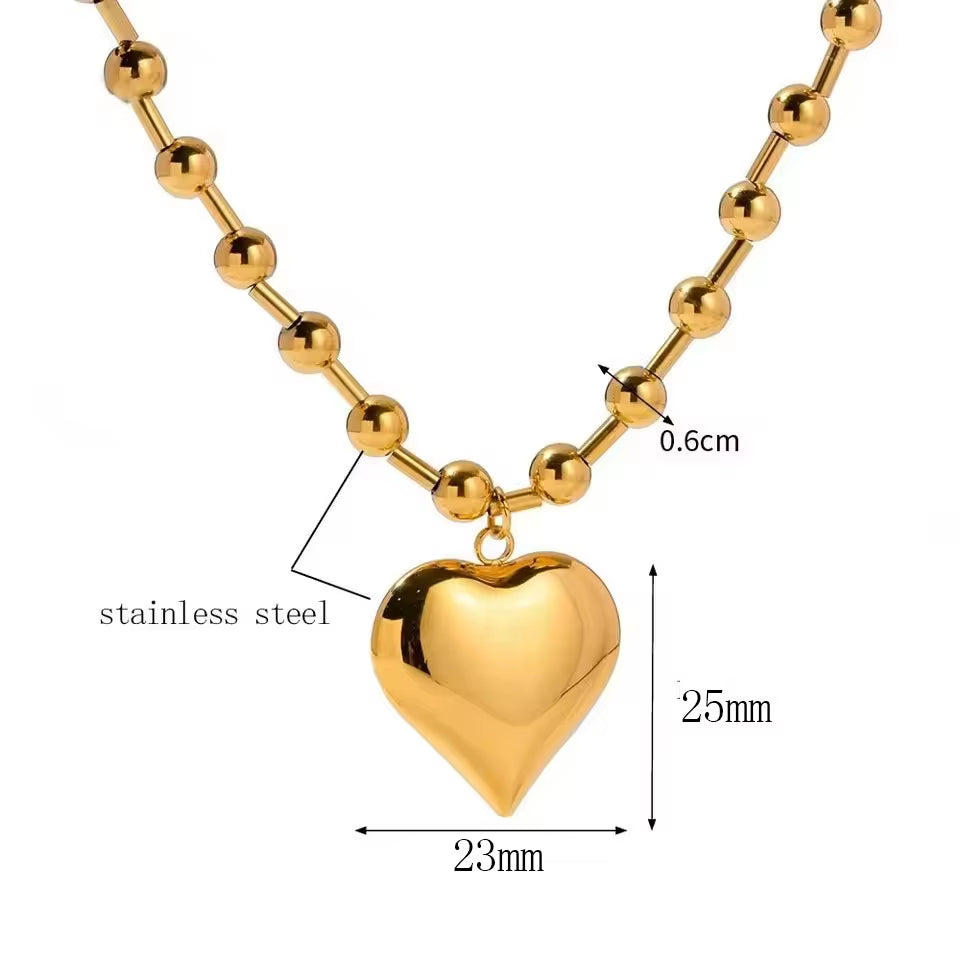 Stainless Steel Heart Necklaces for Women 6Mm Gold/Silver Color Metal Ball Bead Chain Choker Collier Femme Valentine&