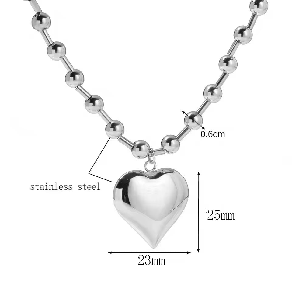 Stainless Steel Heart Necklaces for Women 6Mm Gold/Silver Color Metal Ball Bead Chain Choker Collier Femme Valentine&