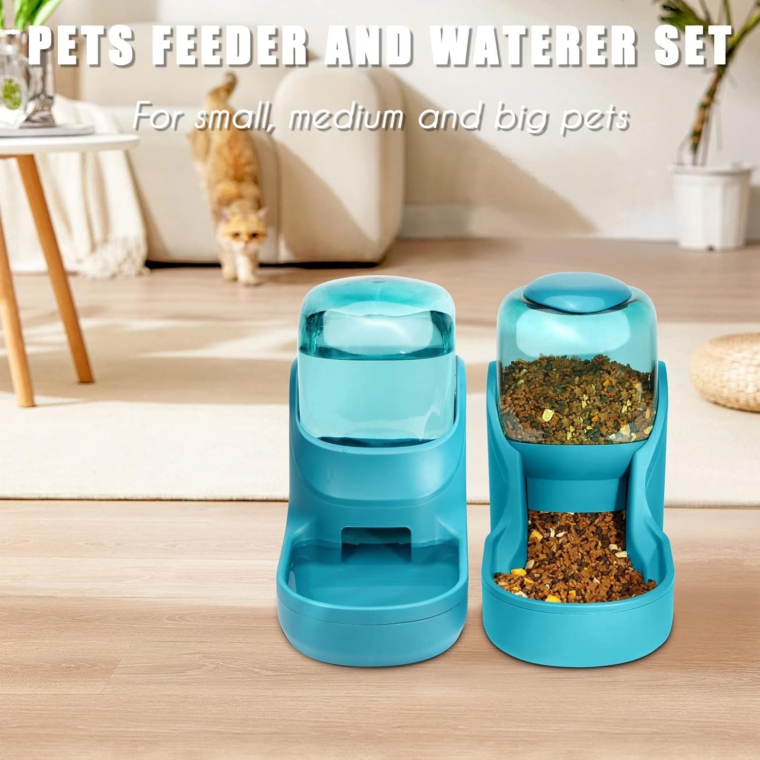 Pets Feeder Set Dog Feeder Cats Feeder with Water Dispenser Automatic Gravity Big Capacity Pets Feeder Auto for Small Medium Big Cats Dogs (Blue)
