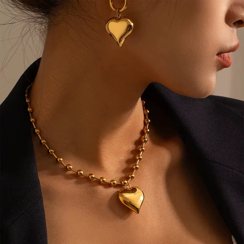 Stainless Steel Heart Necklaces for Women 6Mm Gold/Silver Color Metal Ball Bead Chain Choker Collier Femme Valentine&