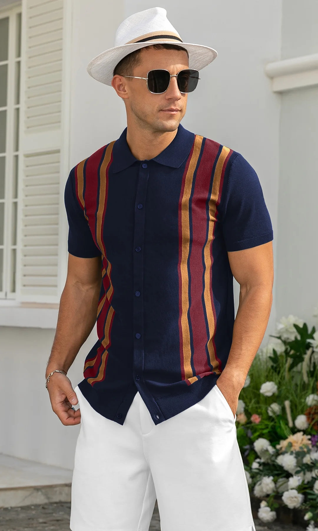 Mens Polo Shirts Vintage Striped Knitting Short Sleeves Button down Golf Shirts
