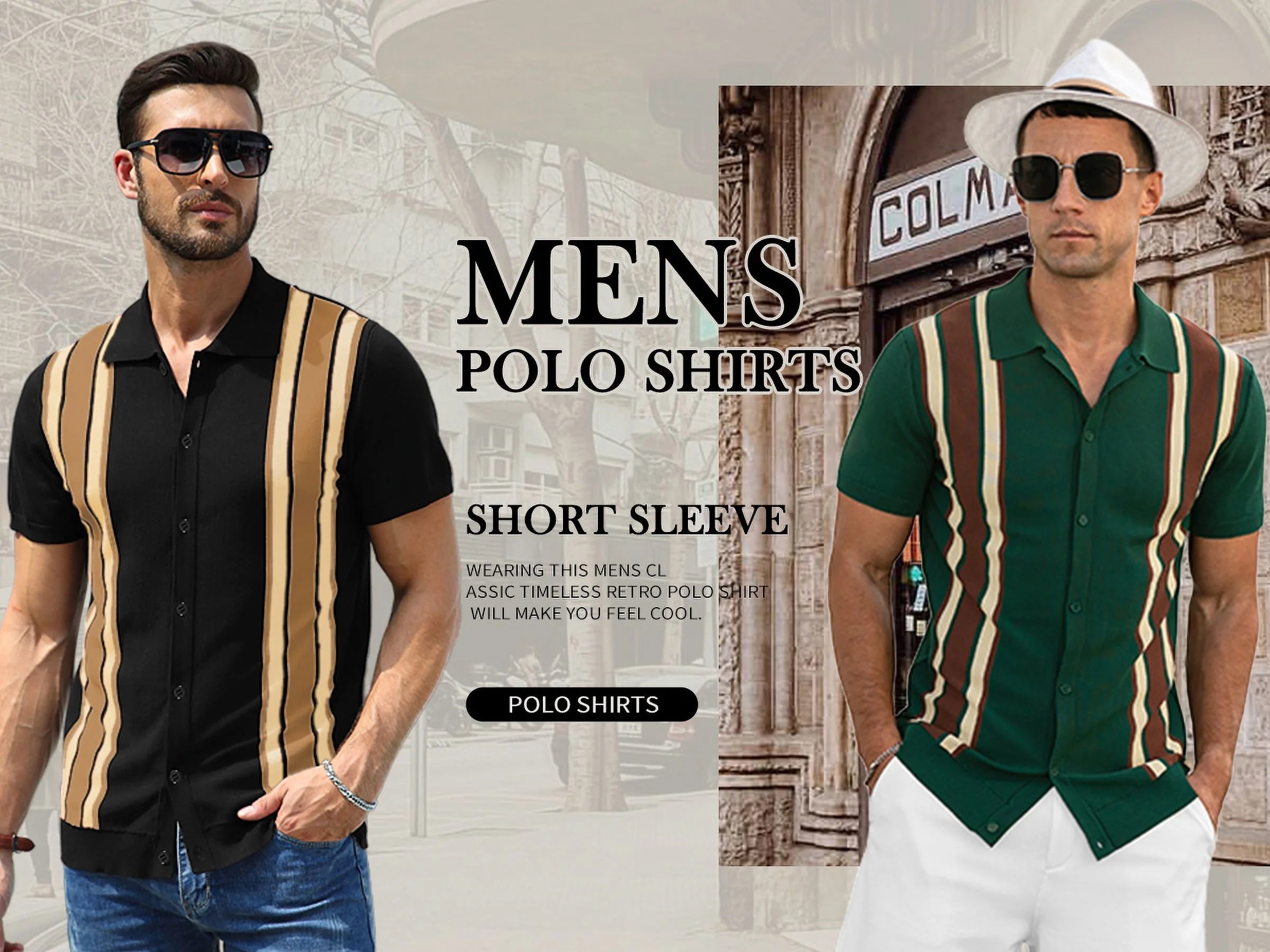 Mens Polo Shirts Vintage Striped Knitting Short Sleeves Button down Golf Shirts