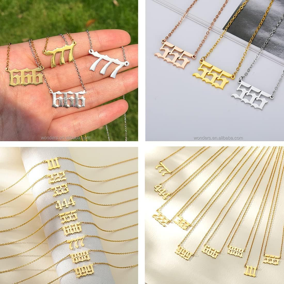 Angel Number Necklace for Women Number Necklace 000 111 222 333 444 555 666 777 888 999 Pendant Necklace Stainless Steel Numerology Gold Necklace,444