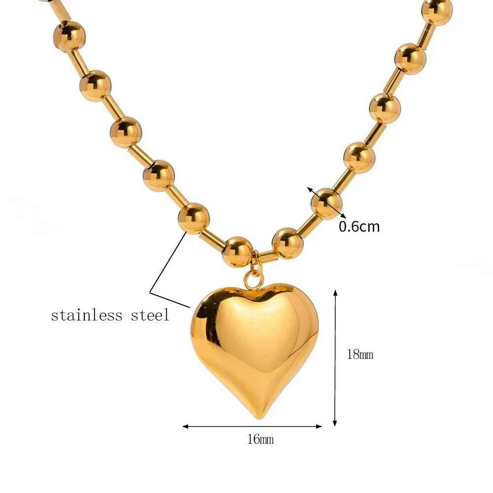 Stainless Steel Heart Necklaces for Women 6Mm Gold/Silver Color Metal Ball Bead Chain Choker Collier Femme Valentine&