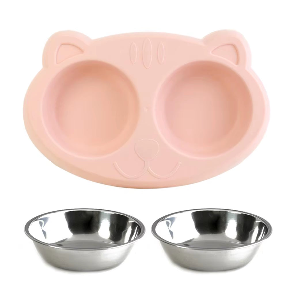 Dog Double Bowl Puppy Food Water Feeder Cute Stainless Steel Pets Drinking Dish Feeder Pets Supplies Feeding Dishes Dogs Bowl