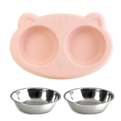 Dog Double Bowl Puppy Food Water Feeder Cute Stainless Steel Pets Drinking Dish Feeder Pets Supplies Feeding Dishes Dogs Bowl