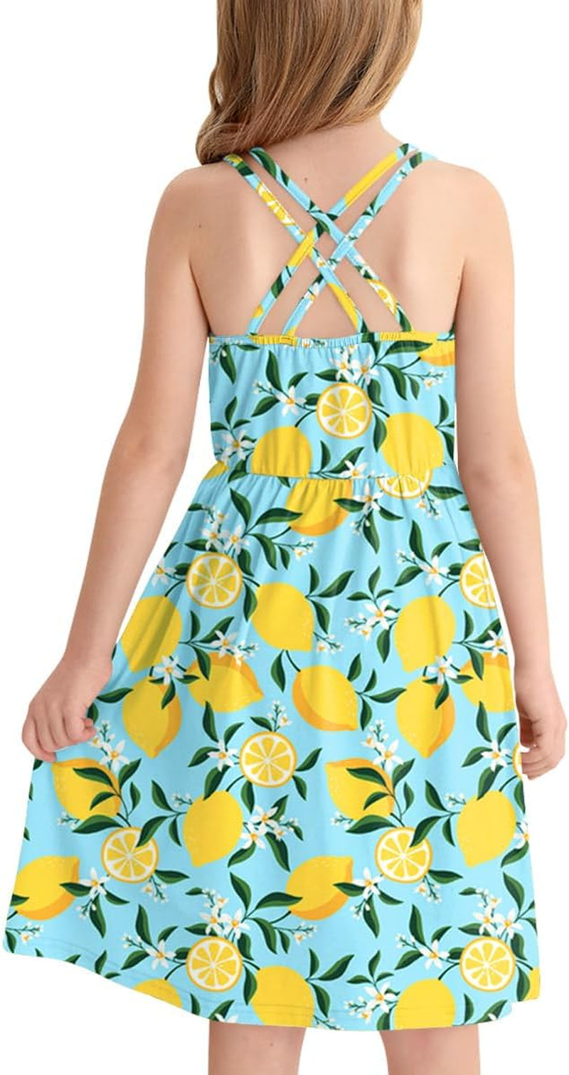 Girls Summer Casual Sleeveless Criss Cross Tank Dress Cute Shift Pleated Midi Sundress with Pockets 3-14Y