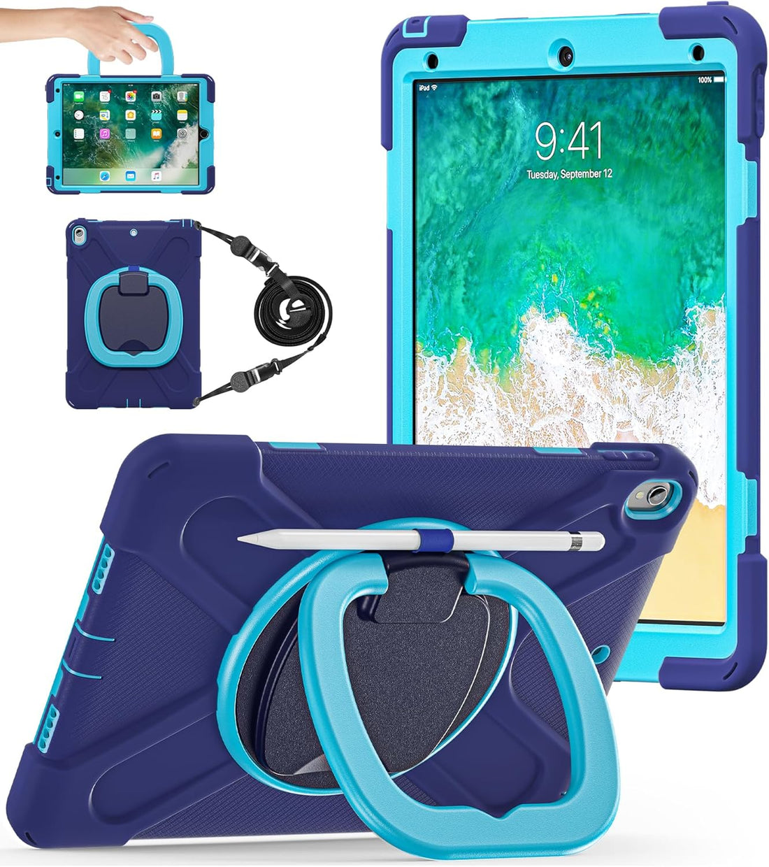 Ipad Pro 10.5 Case 2017 Released/Ipad Air 3Rd Generation Case 2019 Release; Rugged Heavy Duty Protective Cover with Pencil Holder, 360° Swivel Stand, Shoulder Strap; for Kids (Navy Blue+Blue)