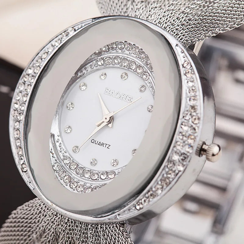 Mesh Band Women Watch Fashion Oval Gold Bracelet Alloy Quartz Watch Dress Rhinestone Women&