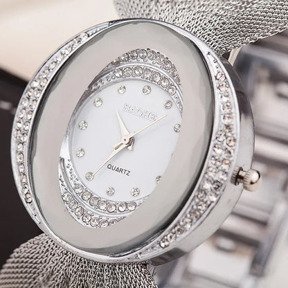 Mesh Band Women Watch Fashion Oval Gold Bracelet Alloy Quartz Watch Dress Rhinestone Women&