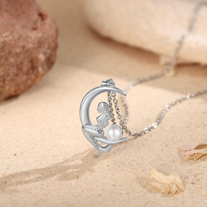 Pearl Mermaid Pendant Necklace for Women,Moon Pendant Mermaid Necklace with Pearl,Silver Jewelry Gifts for Mom,Daughter,Mermaid Moon Necklace Birthday Gifts for Women,Mermaid Necklace