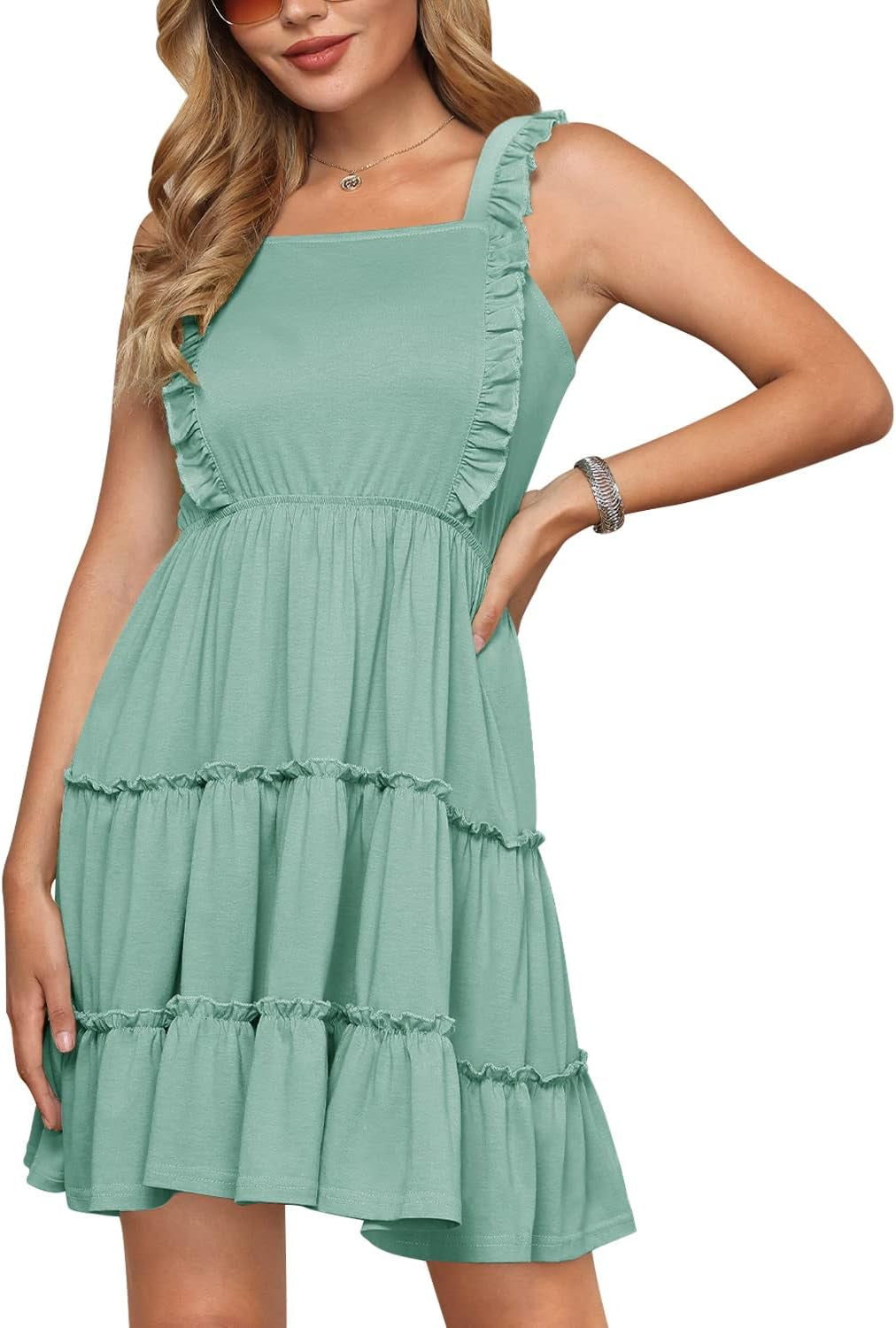 Women Summer Square Neck Ruffle Sleeve Flowy Tiered Mini Dress
