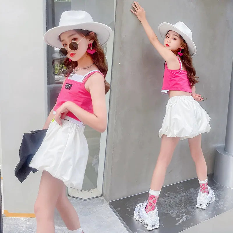 Teenage Girls Fashion Clothing Sets Summer Fake Two Pieces Vest+Shorts 2PCS Children&