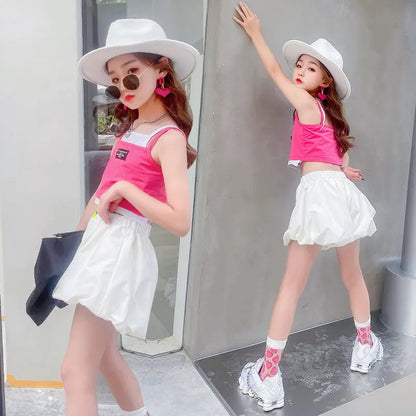 Teenage Girls Fashion Clothing Sets Summer Fake Two Pieces Vest+Shorts 2PCS Children&