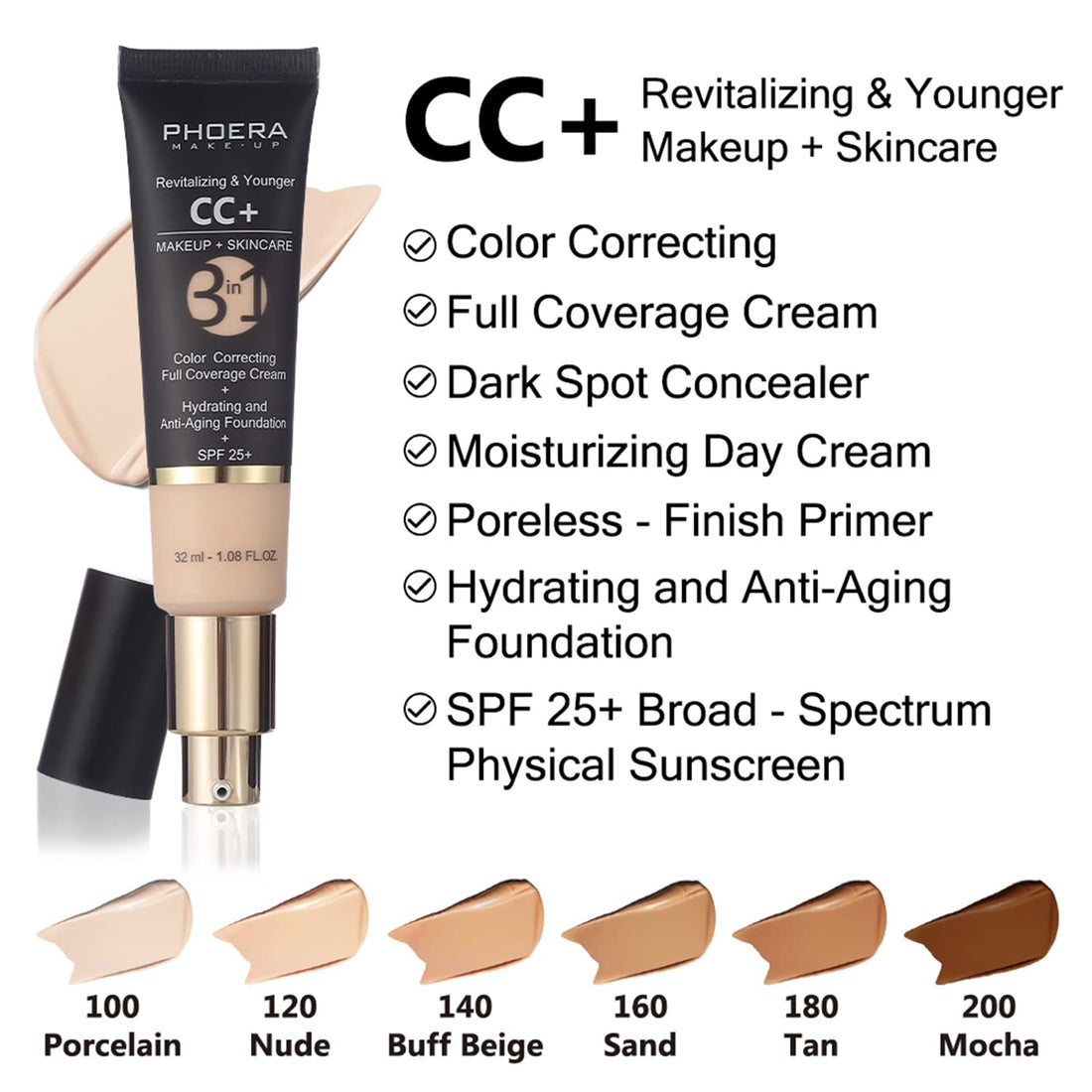 Mushroom Head Air Cushion CC Cream Natural Foundation,Phoera CC Cream Foundation with Spf,Color Correcting anti Aging Hydrating Serum,Phoera Face Primer (