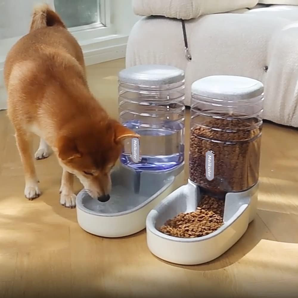 Automatic Dog Cat Feeder and Water Dispenser Set,Waterer and Gravity Food Feeder for Small &amp; Medium Dogs Cats Puppies,Large Capacity 1 Gallon X 2 (Grey)