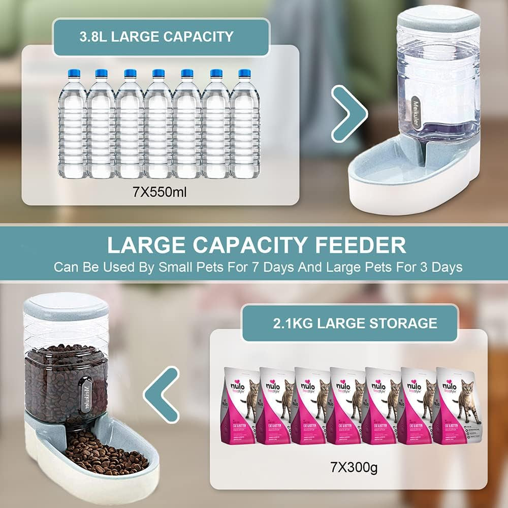 Automatic Dog Cat Feeder and Water Dispenser Set,Waterer and Gravity Food Feeder for Small &amp; Medium Dogs Cats Puppies,Large Capacity 1 Gallon X 2 (Grey)
