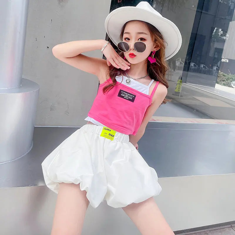 Teenage Girls Fashion Clothing Sets Summer Fake Two Pieces Vest+Shorts 2PCS Children&