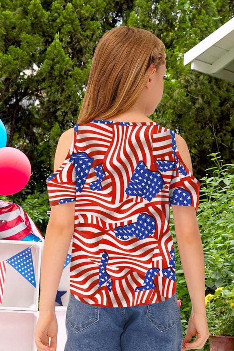 Girls July 4Th Cold Shoulder Tie Front Button down Patriotic Shirt 5-14 Years