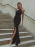 Black Split Bodycon Dress for Women Clothing Slim Sexy Streetwear One Shoulder Long Sleeve Vestidos De Mujer Fashion Outfits