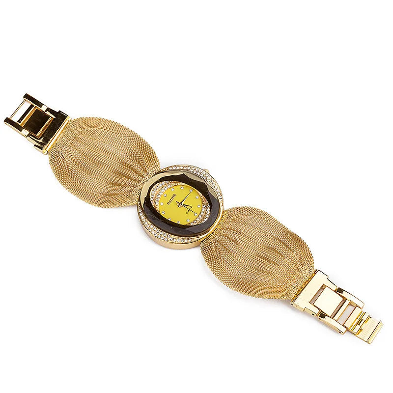Mesh Band Women Watch Fashion Oval Gold Bracelet Alloy Quartz Watch Dress Rhinestone Women&