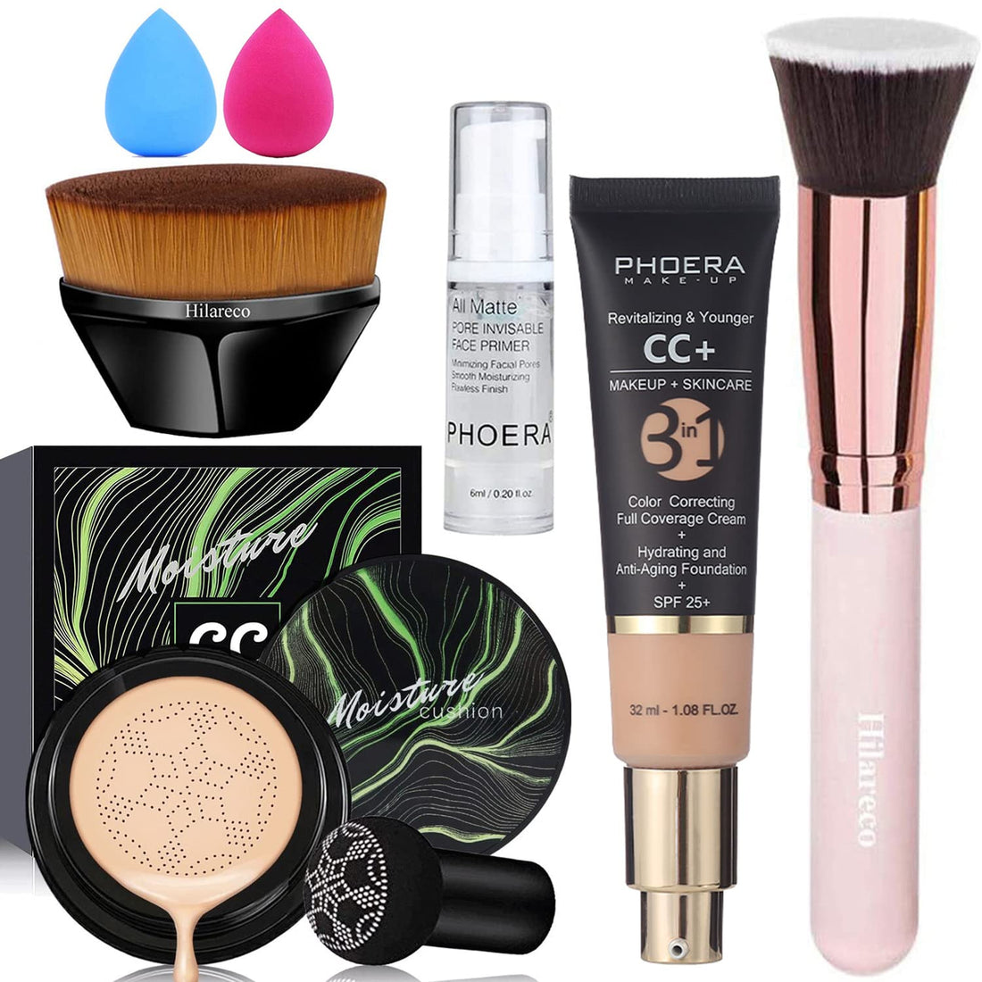 Mushroom Head Air Cushion CC Cream Natural Foundation,Phoera CC Cream Foundation with Spf,Color Correcting anti Aging Hydrating Serum,Phoera Face Primer (
