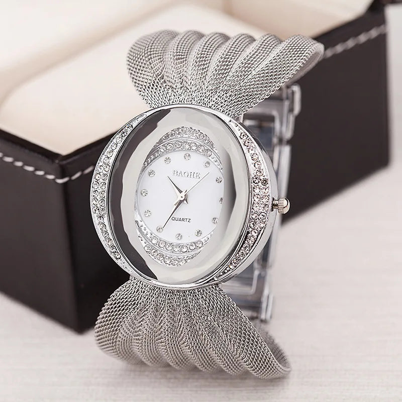 Mesh Band Women Watch Fashion Oval Gold Bracelet Alloy Quartz Watch Dress Rhinestone Women&