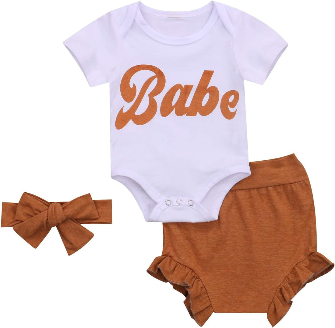 3Pcs Newborn Baby Girl Babe Printed Summer Clothes Short Sleeve Romper + Shorts + Headband Outfits 12-18 Months
