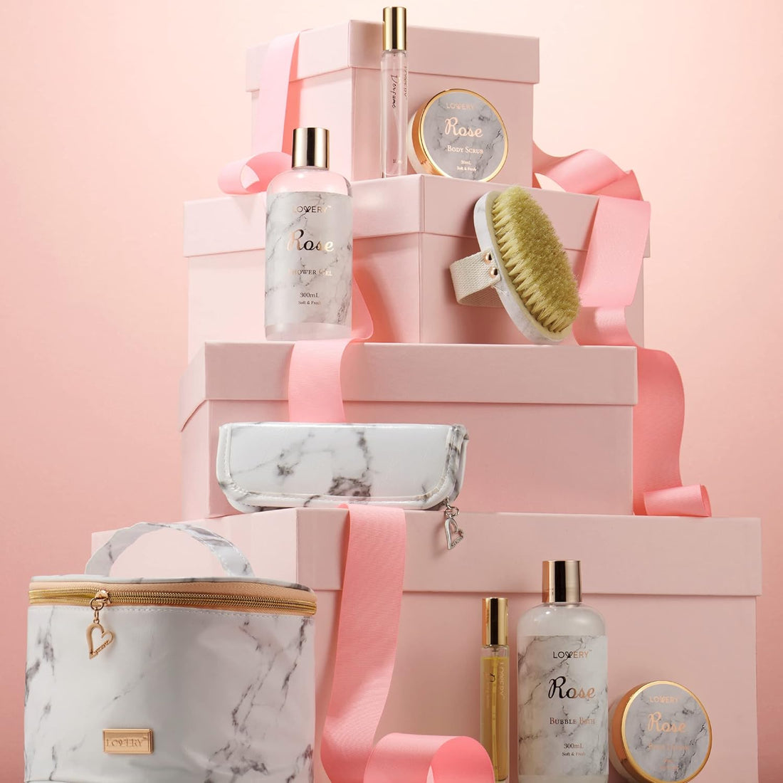 Birthday Gifts for Mom, Daughter Self Care Gifts for Women, Luxe 16Pc Rose Bath and Body Home Spa Set, Relaxation Bath Gift Basket for Birthday Pampering with Perfumes, Acne Kit, Lotions &amp; More