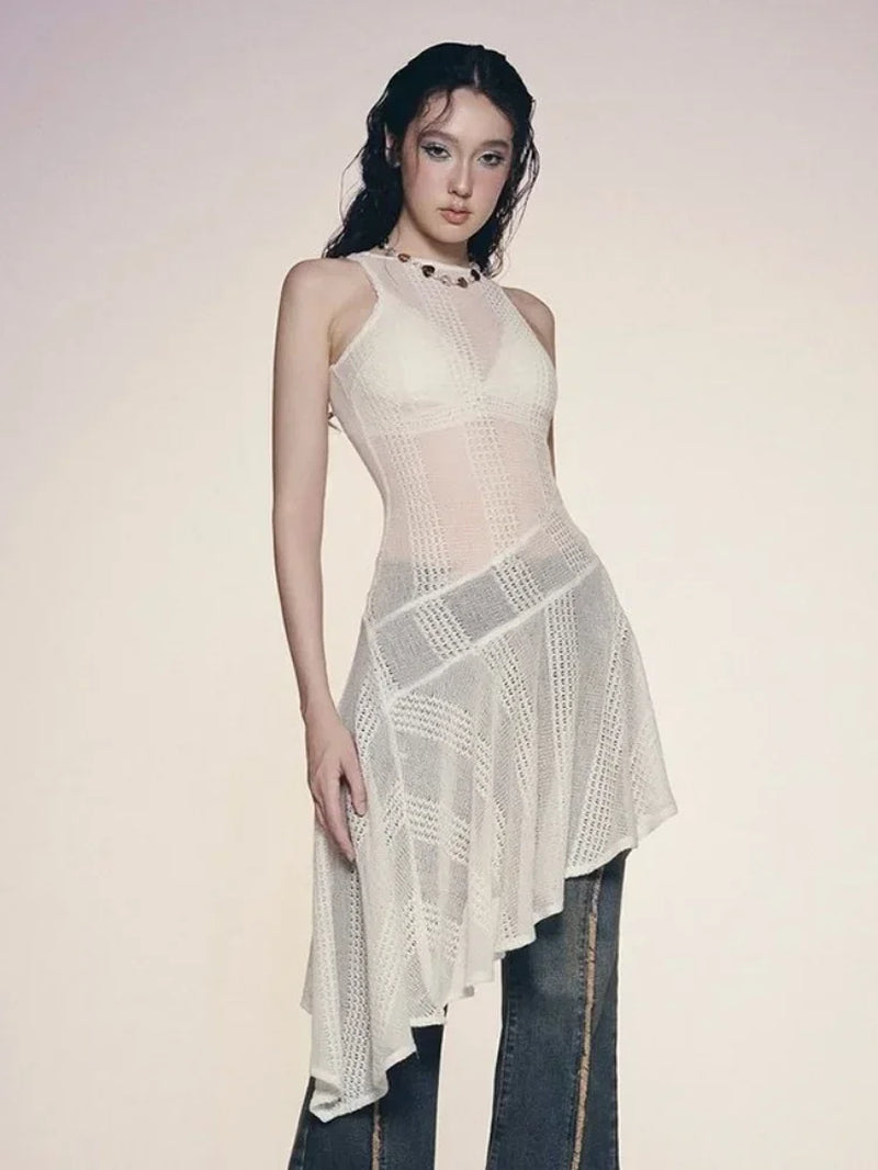 Solid Slim Dress for Women One-Piece See-Through White Dress Sexy Fashion Women Clothing O-Neck Sleeveless Y2K Ropa De Mujer