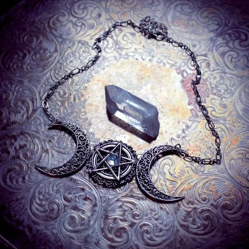 Triple Moon Necklace Wiccan Jewelry Triple Goddess Pentacle Necklace Pentagram Necklace Pagan Necklace