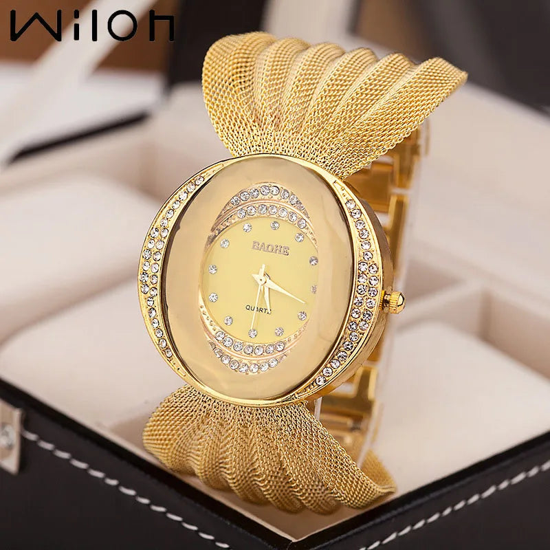 Mesh Band Women Watch Fashion Oval Gold Bracelet Alloy Quartz Watch Dress Rhinestone Women&