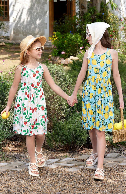 Girls Summer Casual Sleeveless Criss Cross Tank Dress Cute Shift Pleated Midi Sundress with Pockets 3-14Y