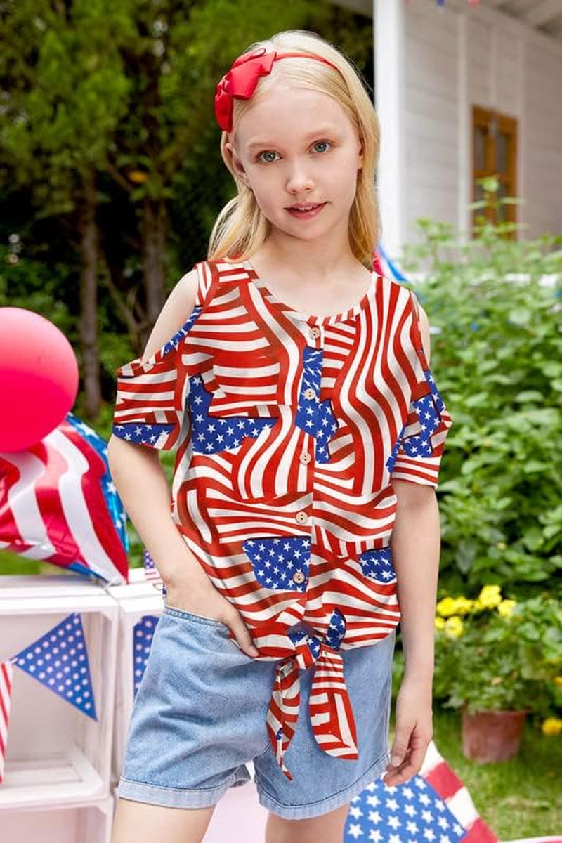 Girls July 4Th Cold Shoulder Tie Front Button down Patriotic Shirt 5-14 Years