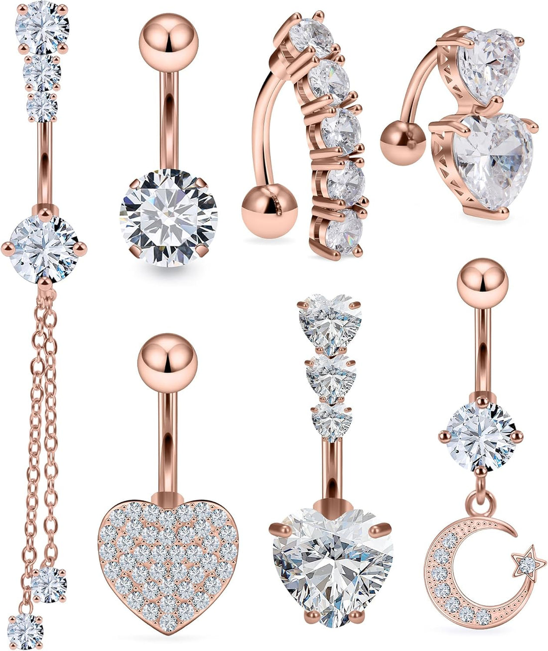 14G Heart Belly Button Ring Piercing Jewelry 316L Stainless Surgical Steel Cubic Zirconia Navel Rings Clear Heart CZ Reverse Belly Button Ring Piercing Jewelry for Women Men Hypoallergenic