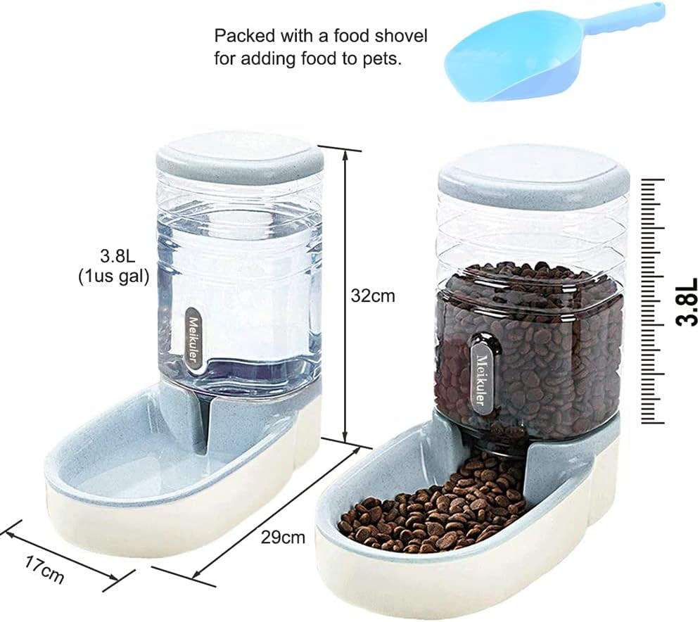 Automatic Dog Cat Feeder and Water Dispenser Set,Waterer and Gravity Food Feeder for Small &amp; Medium Dogs Cats Puppies,Large Capacity 1 Gallon X 2 (Grey)