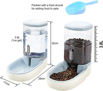 Automatic Dog Cat Feeder and Water Dispenser Set,Waterer and Gravity Food Feeder for Small &amp; Medium Dogs Cats Puppies,Large Capacity 1 Gallon X 2 (Grey)