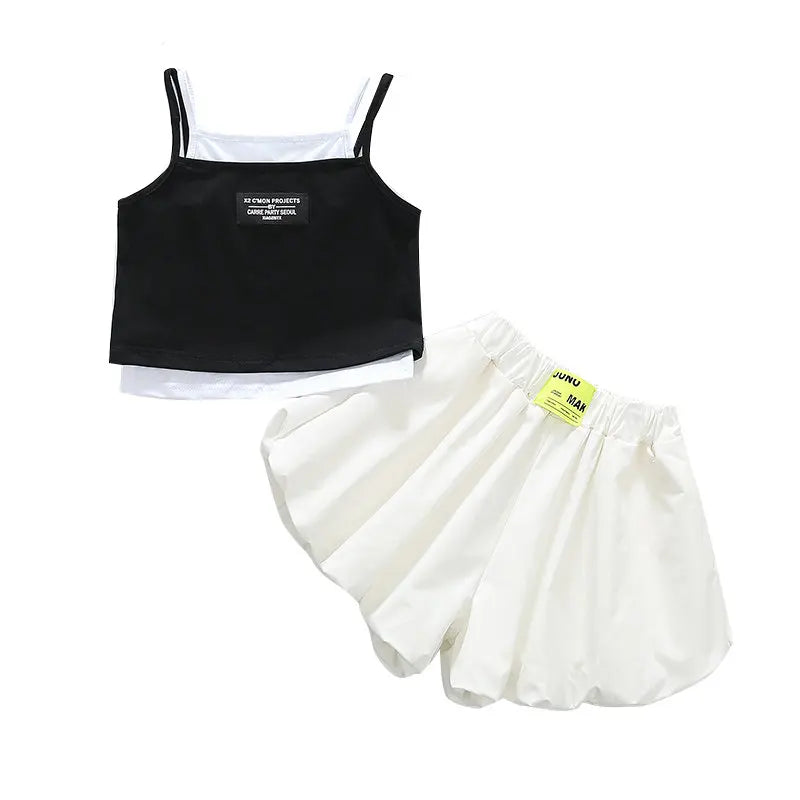 Teenage Girls Fashion Clothing Sets Summer Fake Two Pieces Vest+Shorts 2PCS Children&